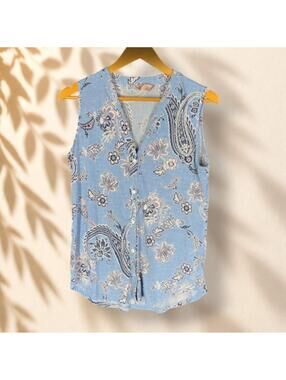 Amana Top Women M Medium Blue Floral Button Up V-Neck Sleeveless Wide Strap